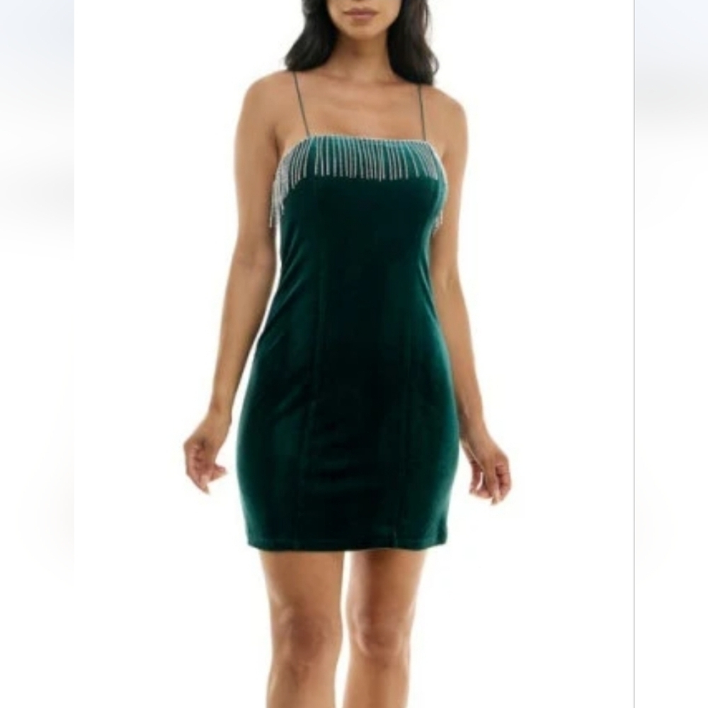 Speechless Rhinestone Fringe Velvet Minidress in Dark Green M